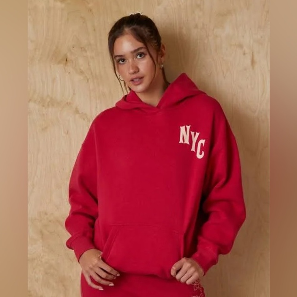 Your Favorite by PacSun NYC Floral Chainstitched Oversized Hoodie Red S